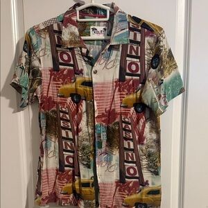 Men’s Short-Sleeve Casino Print Button-Down Shirt — Multicolor (Yellow Accent)